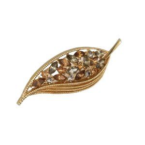 Vintage Brown Rhinestone Leaf Brooch Earth Gold Tone 3" Dress Pin R15
